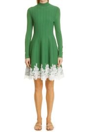 Lela Rose Lace Trim Fit Flare Sweater Dress in Kelly Green  at Nordstrom