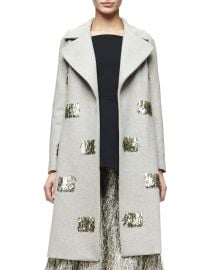 Lela Rose Metallic Fringe-Embellished Long Coat  Taupe Gold at Neiman Marcus