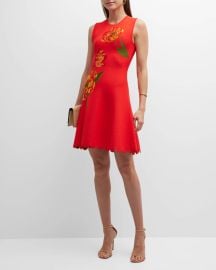 Lela Rose Scalloped Mini Dress with Floral Detail at Neiman Marcus