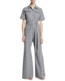 Lela Rose Short-Sleeve Belted Windowpane Check Wide-Leg Wool-Blend Jumpsuit at Neiman Marcus