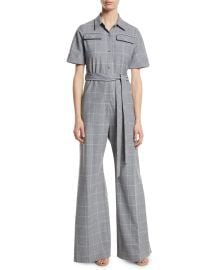 Lela Rose Short Sleeve Belted Windowpane Check Wide Leg Wool Blend Jumpsuit at Neiman Marcus