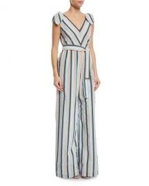 Lela Rose Striped V-Neck Bow-Tie Belted Wide-Leg Jumpsuit at Neiman Marcus