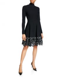 Lela Rose Turtleneck Lace Hem Knit Dress at Neiman Marcus