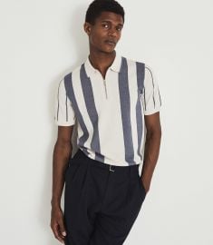 Leo Airforce BlueE Striped Zip Neck Polo Shirt at Reiss