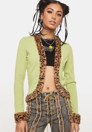 Leopard Faux Fur Trim Open Front Cardigan - Green at Dolls Kill