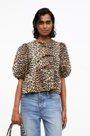 Leopard Leopard Cotton Poplin Peplum Tie Blouse GANNI US at Ganni