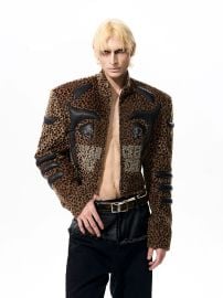 Leopard Print Jacket with Black Faux Leather Appliqu and Studded Det at Chiclara
