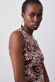 Leopard Print Mesh Ruched Jersey Top at Karen Millen
