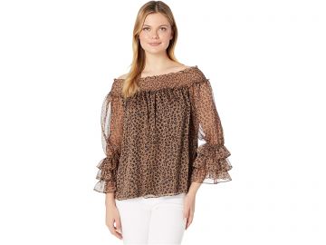 Leopard print off the shoulder ruffle blouse discount cec