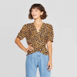 Leopard Print Short Sleeve Deep V-Neck Wrap Top by WhoWhatWear at Target