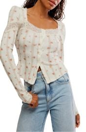 Let\'s Party Floral Lace Trim Cotton Waffle Knit Button-Up Top at Nordstrom Rack