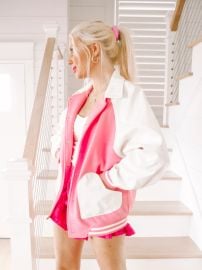 Letterman Ladies Pink Varsity Jacket Seen on Elle at Sassy Shortcake