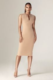 Lianna Deep Slit Neckline Midi Dress Khaki at Alieva