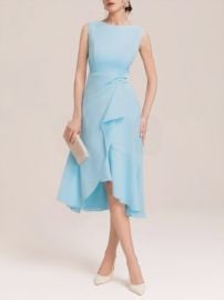 Light Blue Sleeveless Midi Elegant A-line Dress with Waist Twist for Day-to-Night fehaute at Fehaute