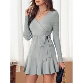 Light Grey Surplice Neck Ribbed Knit Belted Sweater Dress at Walmart