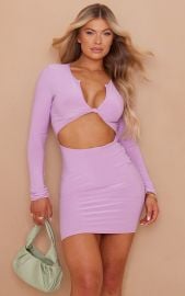  Lilac Slinky Knot Bust Long Sleeve Cut Out Bodycon Dress at Pretty Little Thing