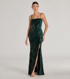 Lilia Sequin Velvet High Slit Column Dress vert Windsor at Windsor