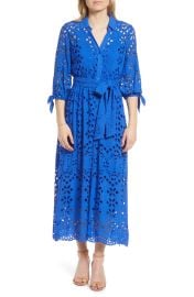 Lilly Pulitzer(RAmrita Tie Waist Long Sleeve Midi Dress in Borealis Blue Soiree Eyelet  at Nordstrom