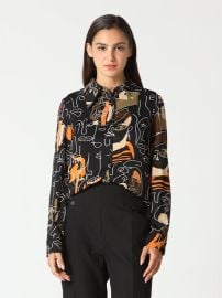 Line Print Relaxed Button-Down Collar Blouse - Gracia Fashion at Gracia Fashion