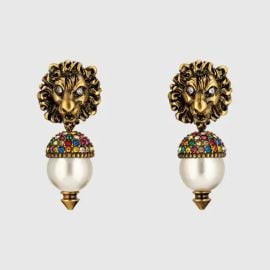 Lion Head Earrings with Pearl by Gucci at Gucci