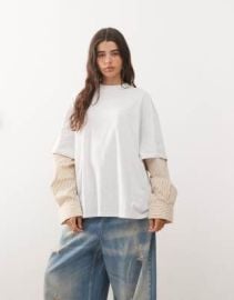 Lioness 2 in 1 oversized T-shirt overlay and striped long sleeve shirt in white and beige stripe | ASOS at ASOS