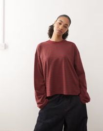 Lioness Bloom cotton blend long sleeve crew neck boxy T-shirt in chocolate and wine stripe | ASOS at ASOS