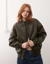 Lioness exclusive leather look weave detail bomber jacket in bottle green at ASOS