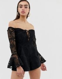 Lioness off shoulder lace romper with bell sleeve in black at Asos