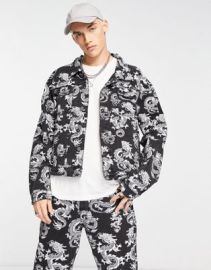 Liquor N Poker oversized denim trucker jacket in black with all over dragon print - part of a set at ASOS