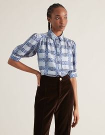 Lisou Betty Denim Blue Shell Print Silk Twill Shirt Finest silks in bold prints at Lisou