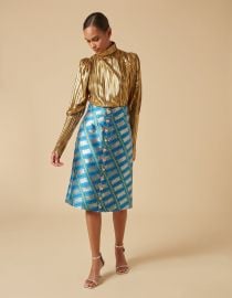 Lisou Blue Trench Print Silk Jacquard Midi Length Skirt at Lisou