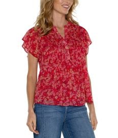 Liverpool Los Angeles Chiffon Floral Print Split V-Neck Double Layer Flutter Short Sleeve Blouse Dillardx27s at Dillards