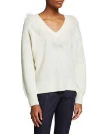 Lizzie Feathered-Trim V-Neck Sweater at Neiman Marcus