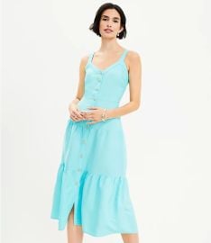 Loft Linen Blend Strappy Button Tiered Midi Dress in Aqua Glow at Loft