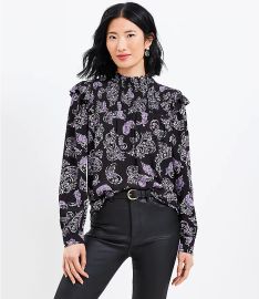 Loft Paisley Smocked Ruffle Mock Neck Blouse at Loft