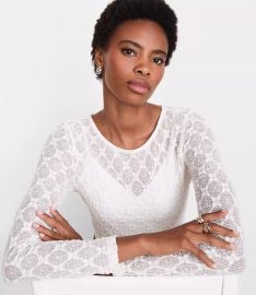 Loft Versa Geo Lace Long Sleeve Top in Whisper White at Loft