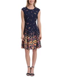 London Times Womens Scattered Floral-Print Fit Flare Dress - Macys at Macys