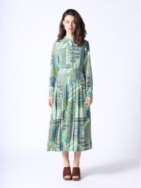 Long Green Collar Dress w Patterns and Full Sleev - Gracia Fashion at Gracia Fashion