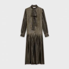 Long Pleated Dress with Lavalliere Collar Silk and Lurex by Celine at Celine