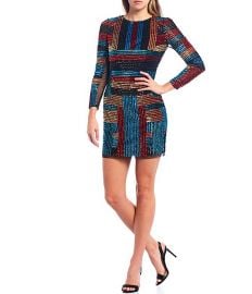 Long Sleeve Beaded Striped Mesh Mini Sheath Dress at Dillards