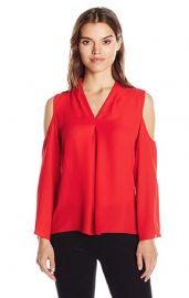 Long Sleeve Cold-Shoulder Invert Pleat V-Neck Blouse at Amazon