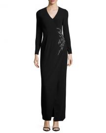 Long-Sleeve Embellished Faux-Wrap Gown by David Meister at Last Call