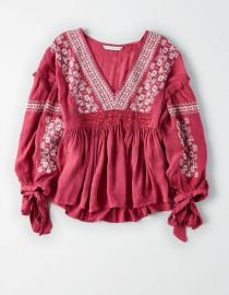 Long Sleeve Embroidered Peasant Top by American Eagle at American Eagle