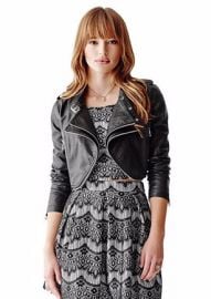 Long Sleeve Faux Leather Cropped Moto Jacket at Guess