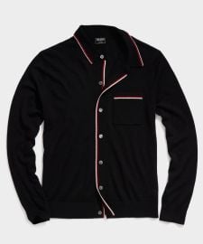 Long Sleeve Merino Tipped Full Placket Polo in Black - Todd Snyder at Todd Snyder