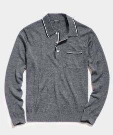 Long Sleeve Merino Tipped Polo in Charcoal - at Todd Snyder