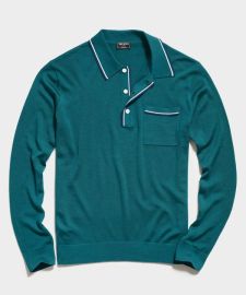 Long Sleeve Merino Tipped Polo in Teal - at Todd Snyder