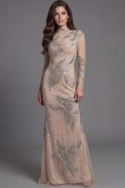 Long Sleeve Nude Embellished Evening Gown 47094 Jovani at Jovani