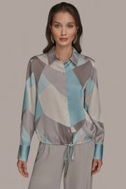 Long Sleeve Printed Drawstring Blouse Shirt Donna Karan at Donna Karan