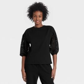 Long Sleeve Round Neck Eyelet Top at Target